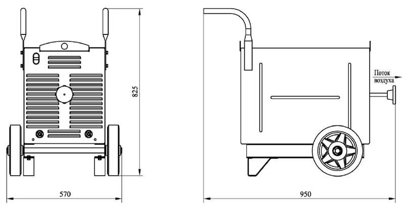 Общий вид, габаритные размеры выпрямителя ВД-313, установленного на колеса